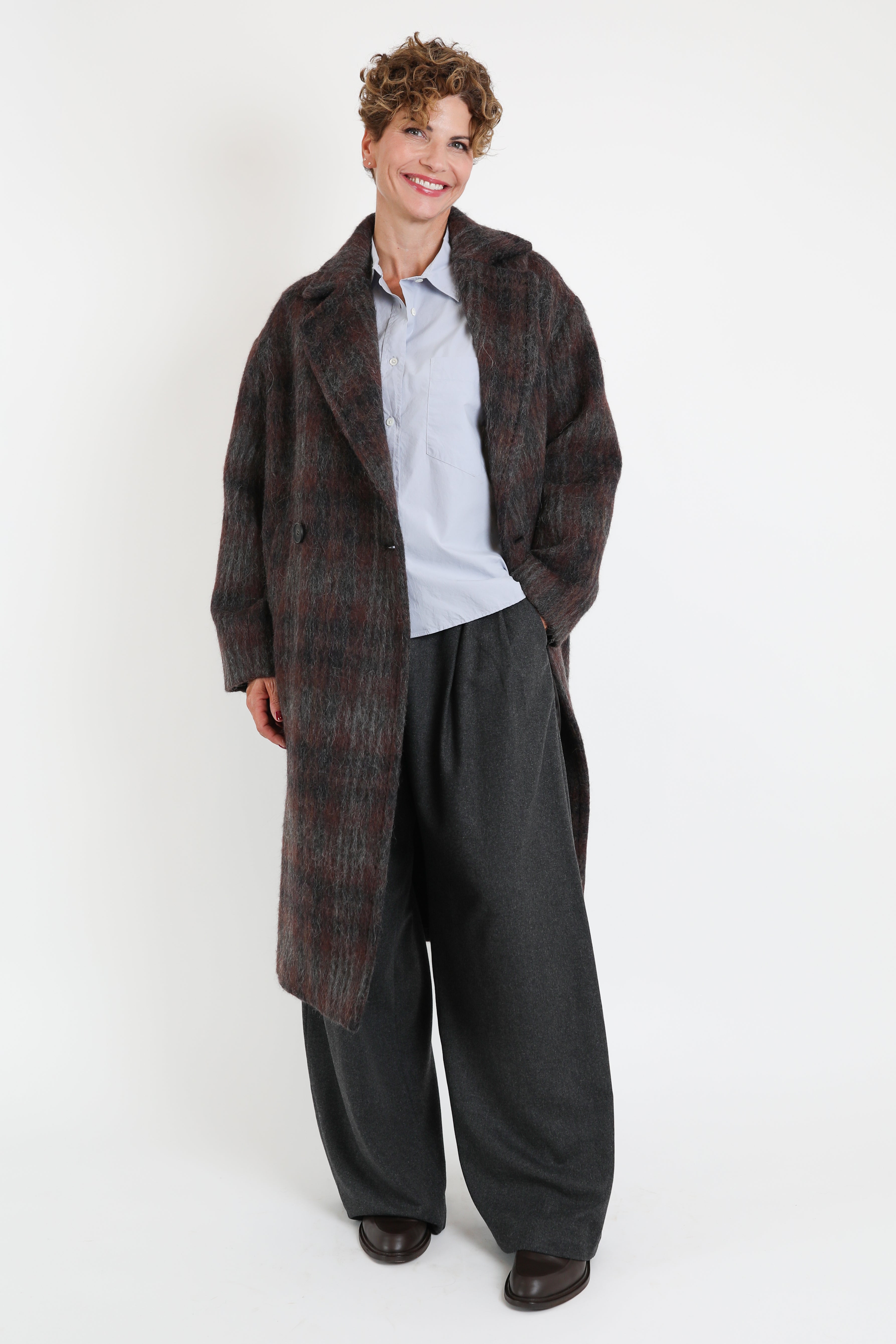 Zenggi, Mantel Wool Check Cocoon in Warm Brown Check