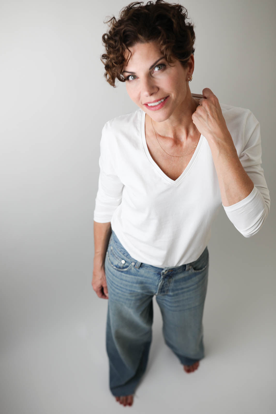 Langarm-Shirt V-Neck in Weiss