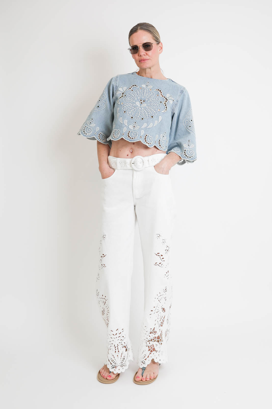 Farm Rio, Richelieux Cropped Denim Blouse