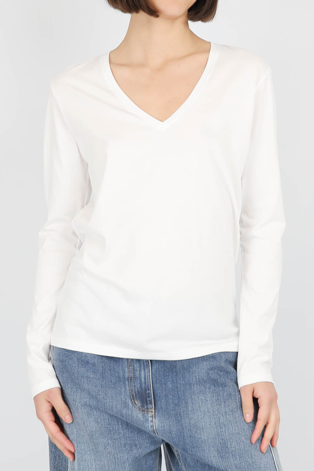 Vestibule Garderobe, Langarm-Shirt V-Neck in Weiss