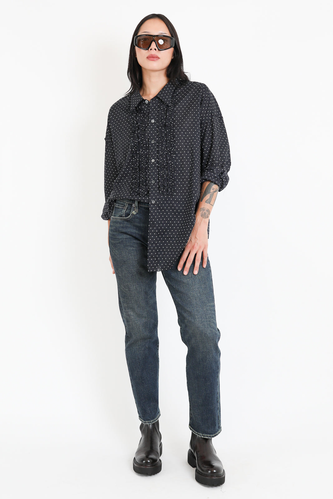 R13, Bluse Shredded Seam in Black and White Polka Dots