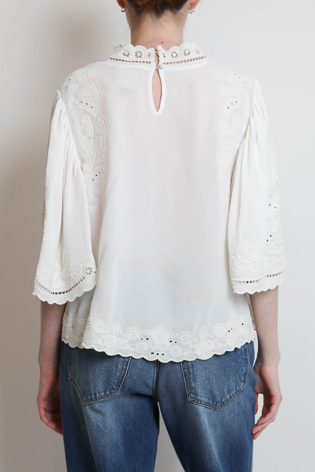 Farm Rio, Bluse Palm Tree Embroidery in Off-White