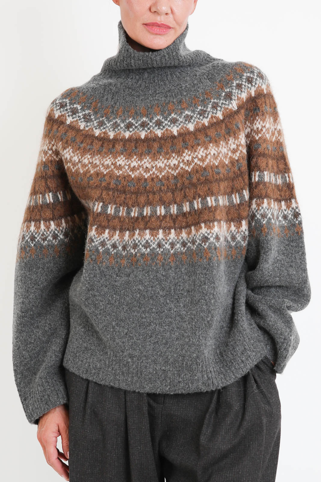 Zenggi, Pullover Chunky Fair Isle in Dark Grey Melange