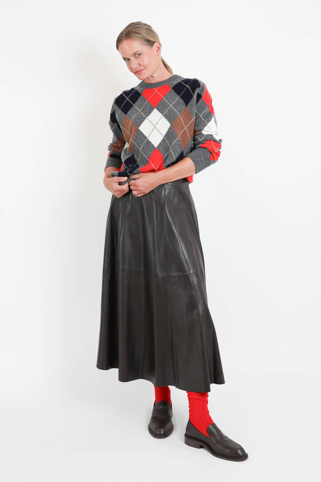 &Daughter, Pullover Ava Argyle Crewneck in Grey with Red Hazelnut & White