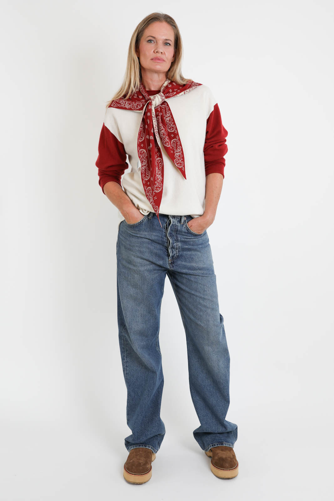 Guest in Residence, Pullover Baseball in Cream/Carmine