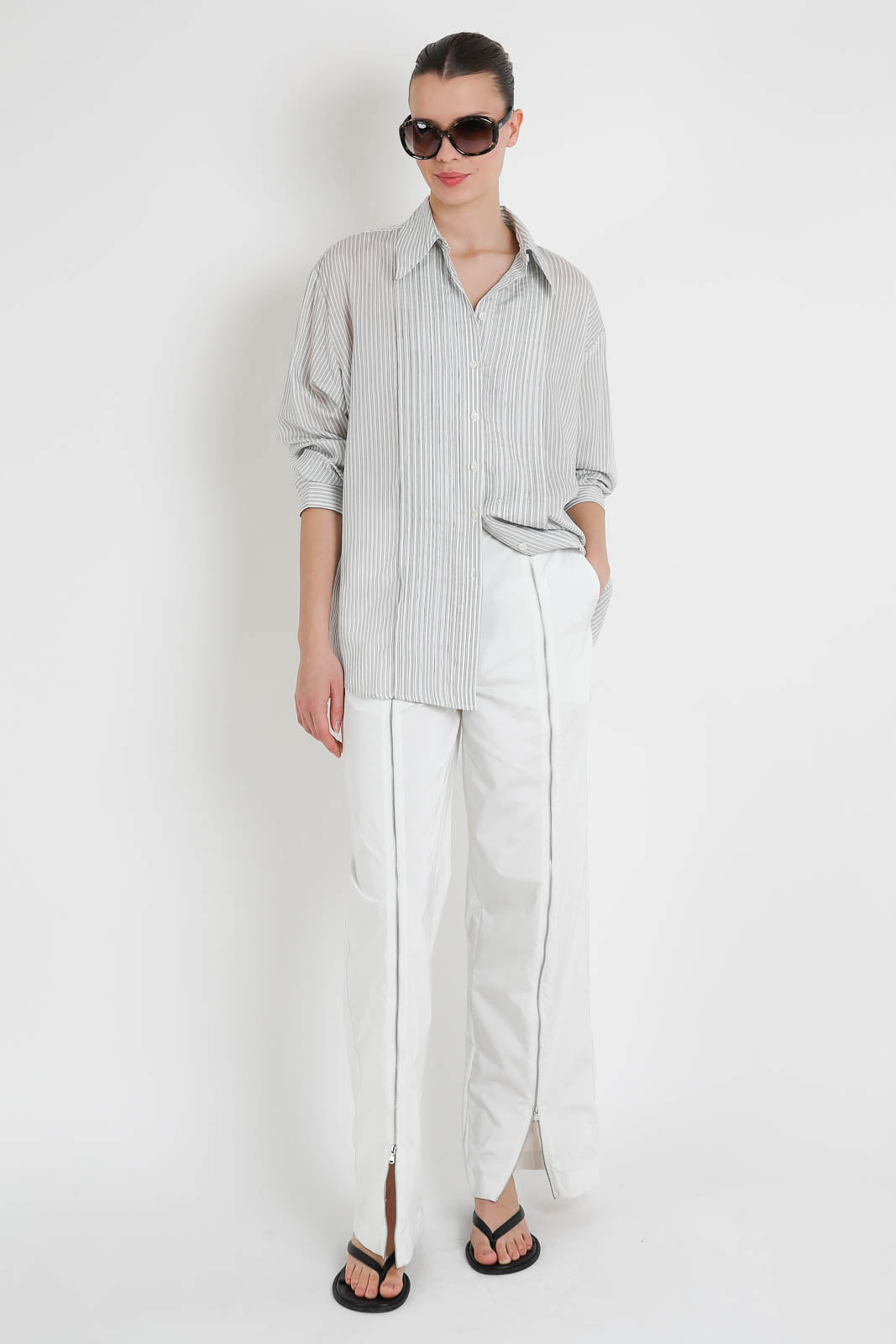 Tibi, Bluse Striped Pintucked in White Grey Multi