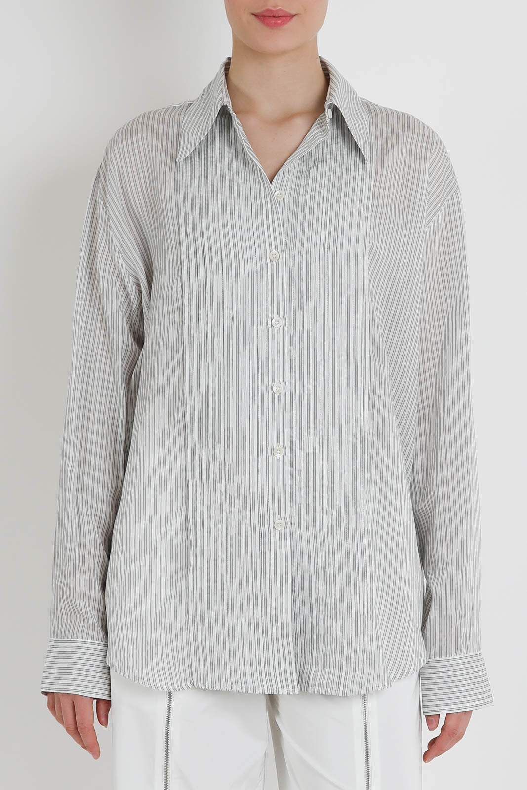 Tibi, Bluse Striped Pintucked in White Grey Multi