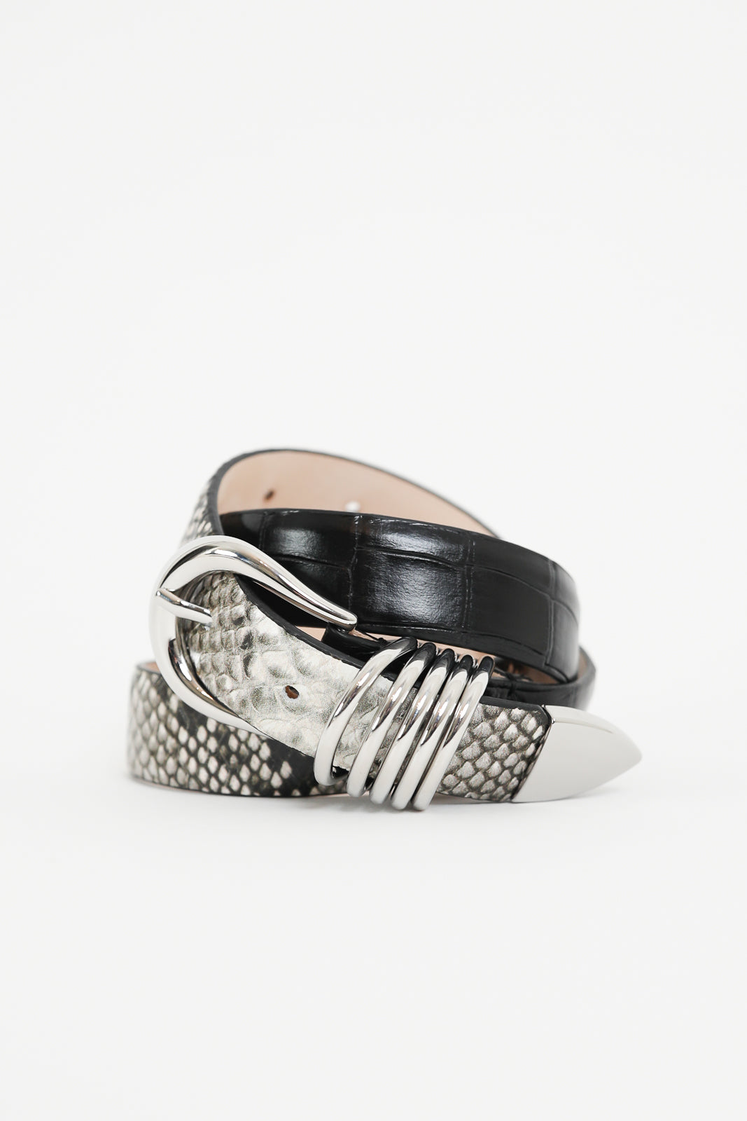 Dehanche, Gürtel Hollyhock Exotic in Ivory & Brown Snake, Black Croco/Silver