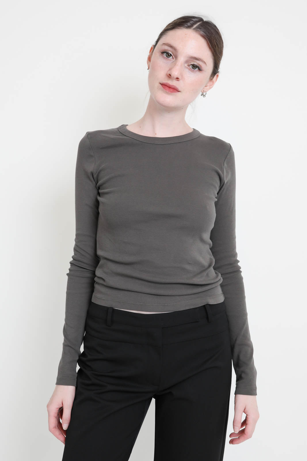 Langarm-Shirt aus Rippstrick in Khaki