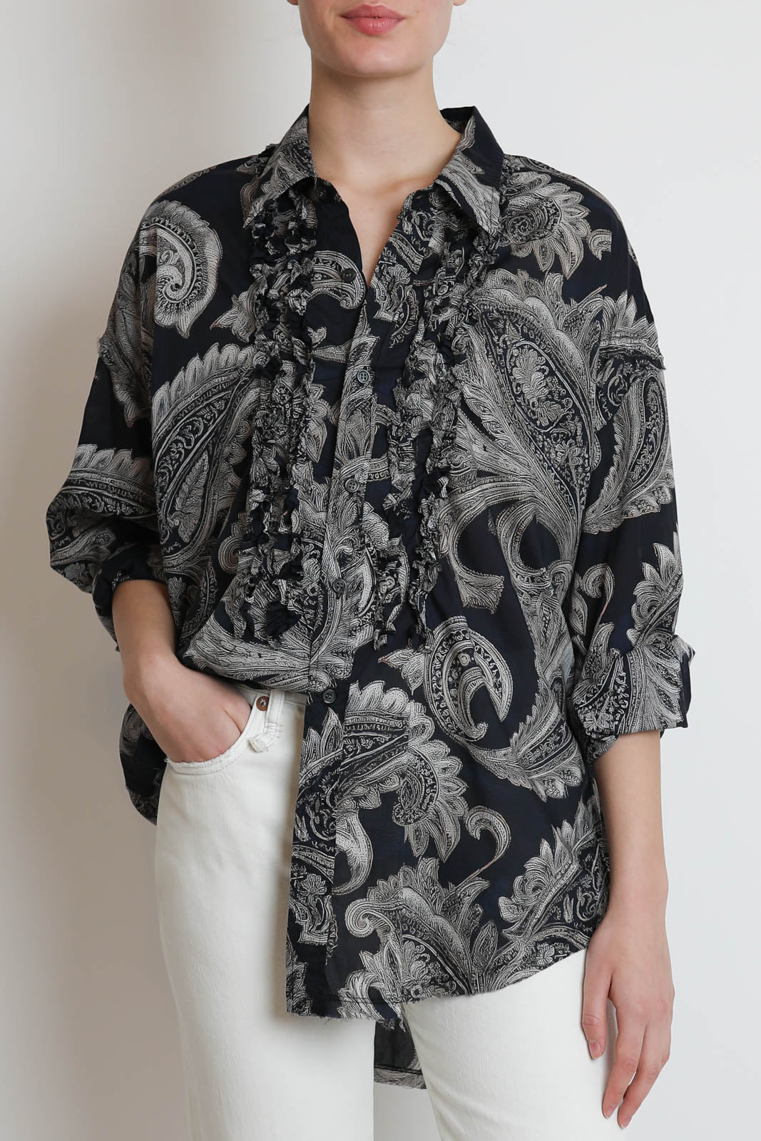 R13, Bluse Shredded Seam Ruffle in Black Paisley