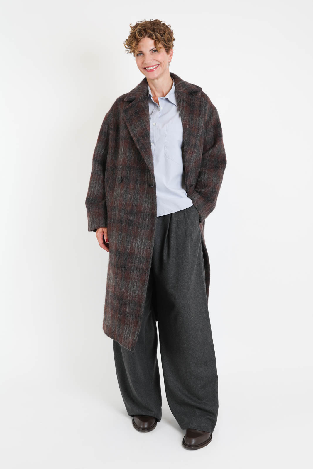 Zenggi, Mantel Wool Cocoon in Warm Brown Check