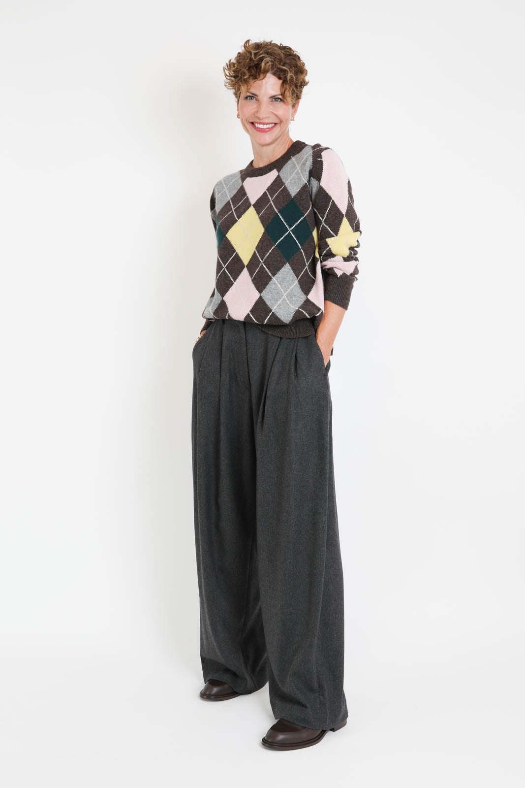 &Daughter, Pullover Ava Argyle Crewneck in Porcupine with Pink & Cowslip