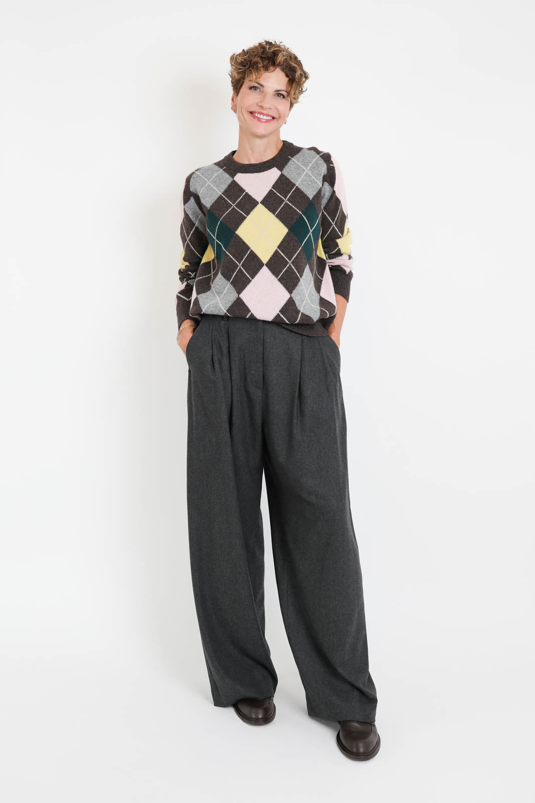 &Daughter, Pullover Ava Argyle Crewneck in Porcupine with Pink & Cowslip