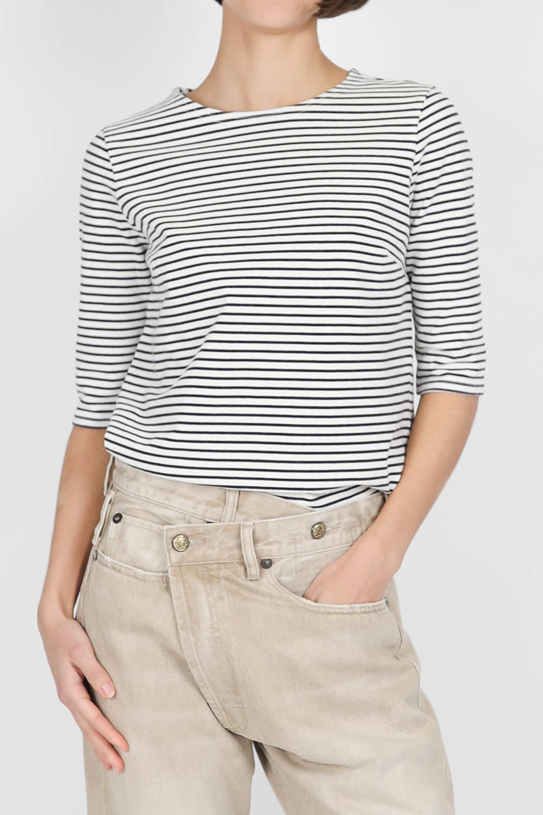 T-Shirt mit 3/4-Ärmeln in Navy/Ecru Narrow Stripe