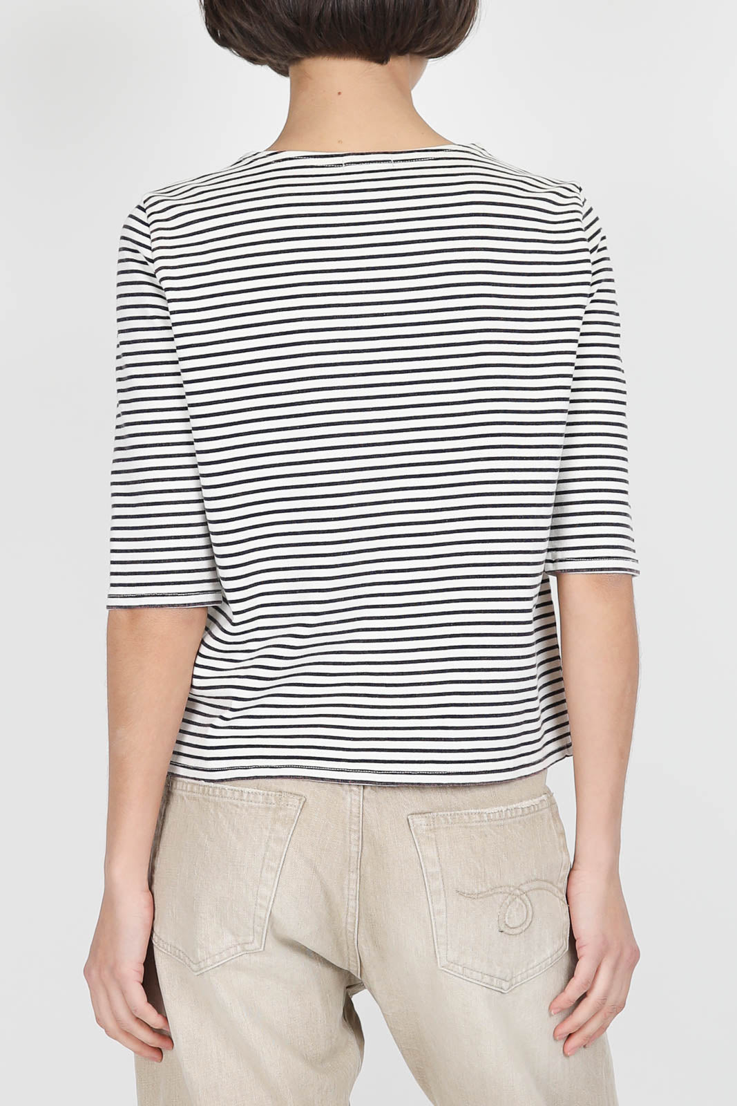 T-Shirt mit 3/4-Ärmeln in Navy/Ecru Narrow Stripe