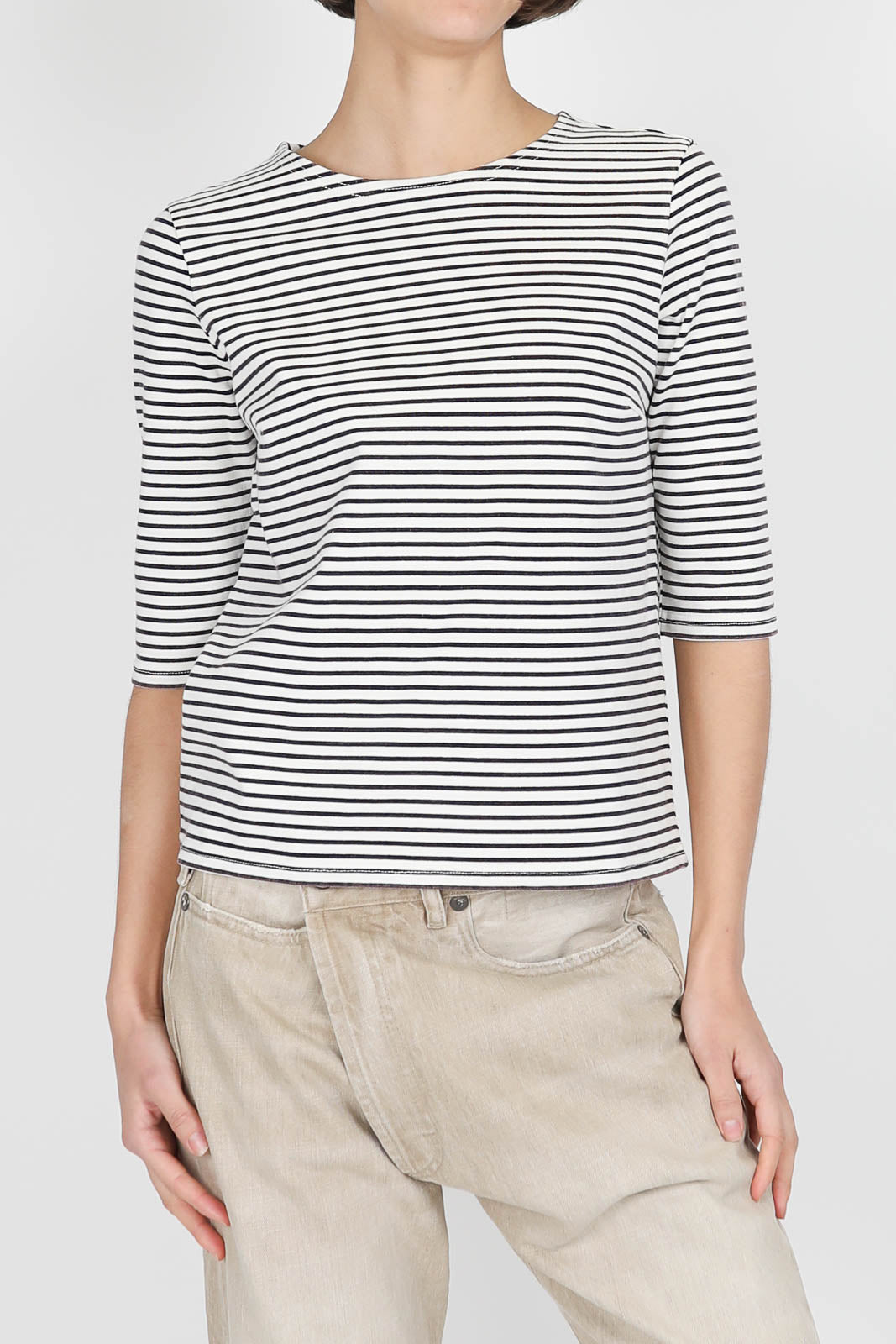 T-Shirt mit 3/4-Ärmeln in Navy/Ecru Narrow Stripe