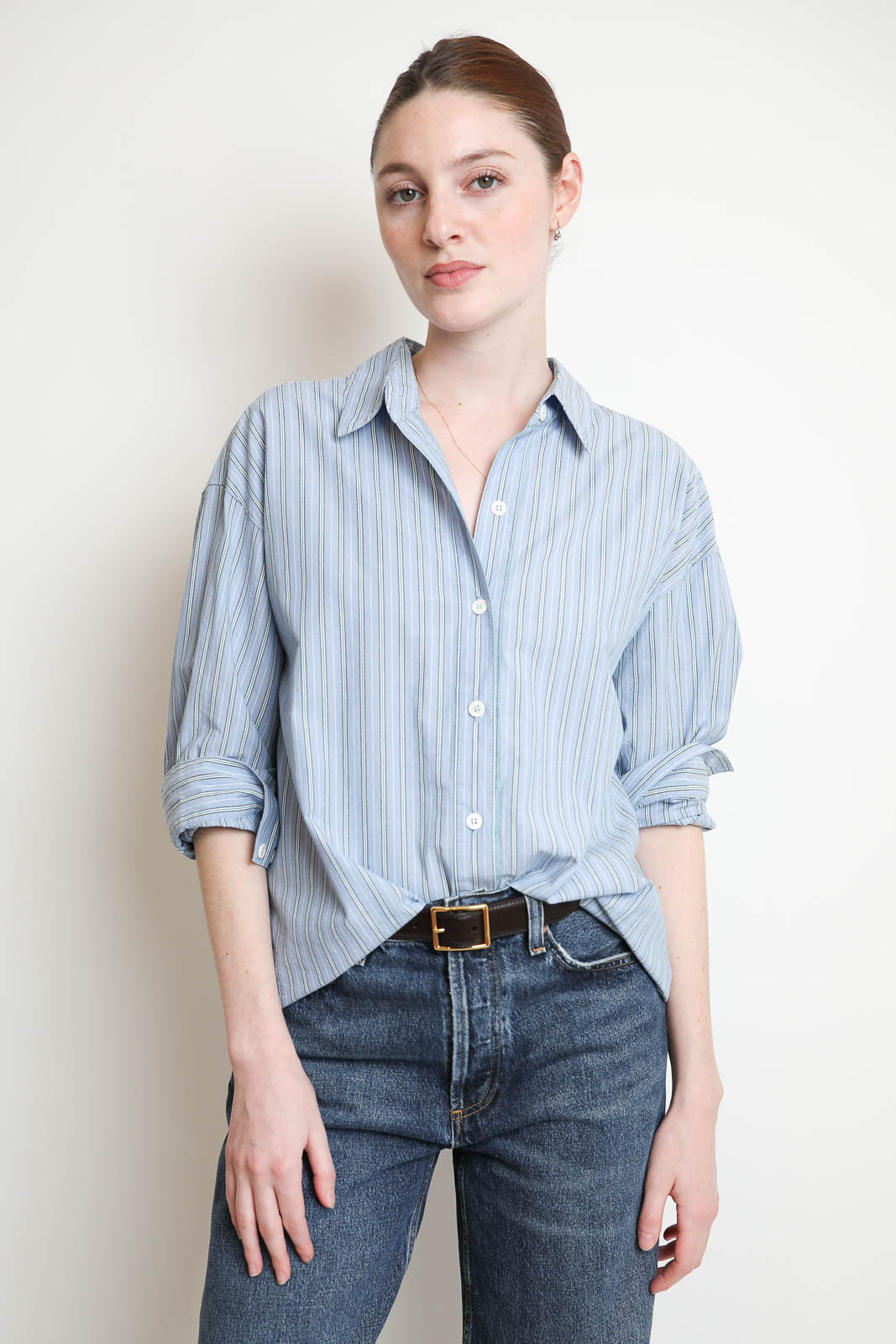 Xirena, Bluse Hayven in Chambray Teal Stripe