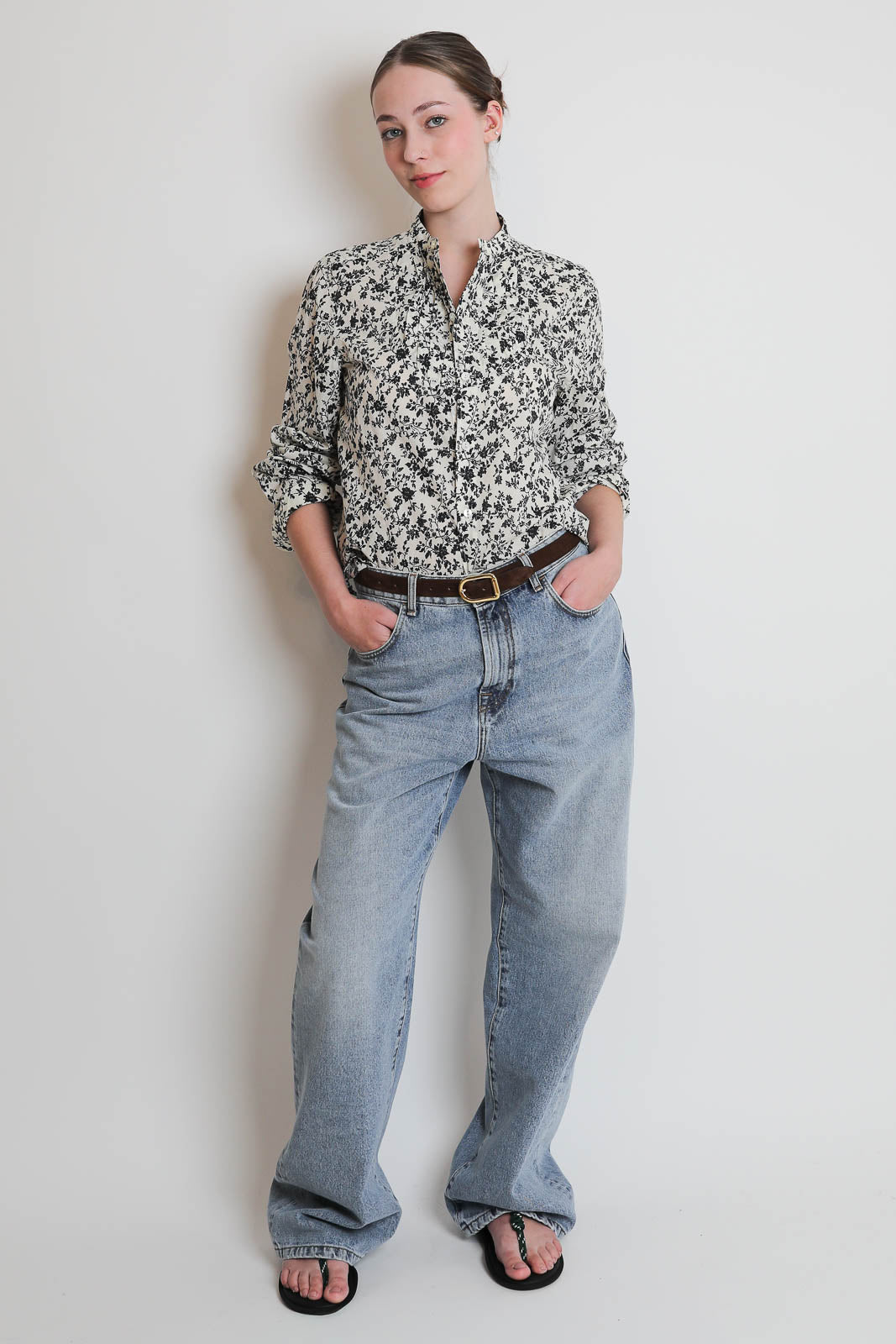 R13, Bluse Pleated Tuxedo in Black Floral