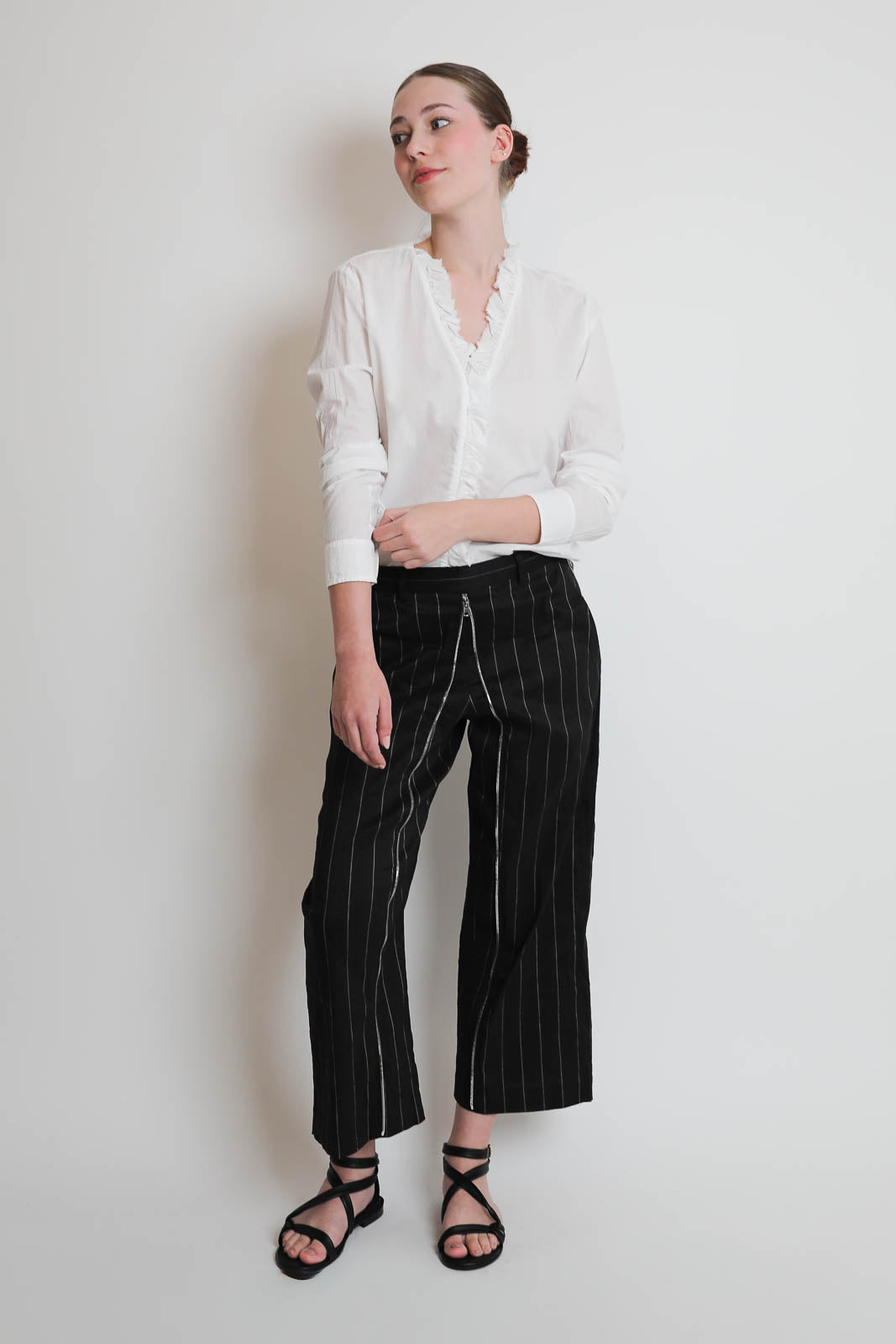 R13, Hose Front Zip in Black Silver Pinstripe