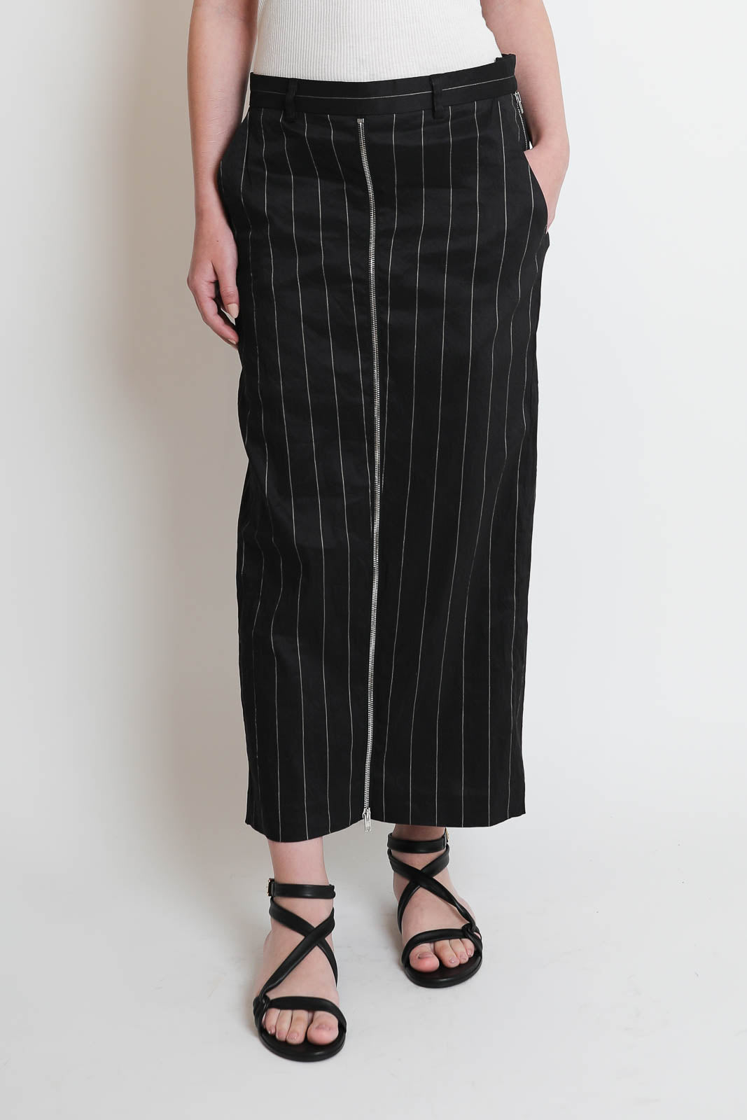 R13, Hose Front Zip in Black Silver Pinstripe