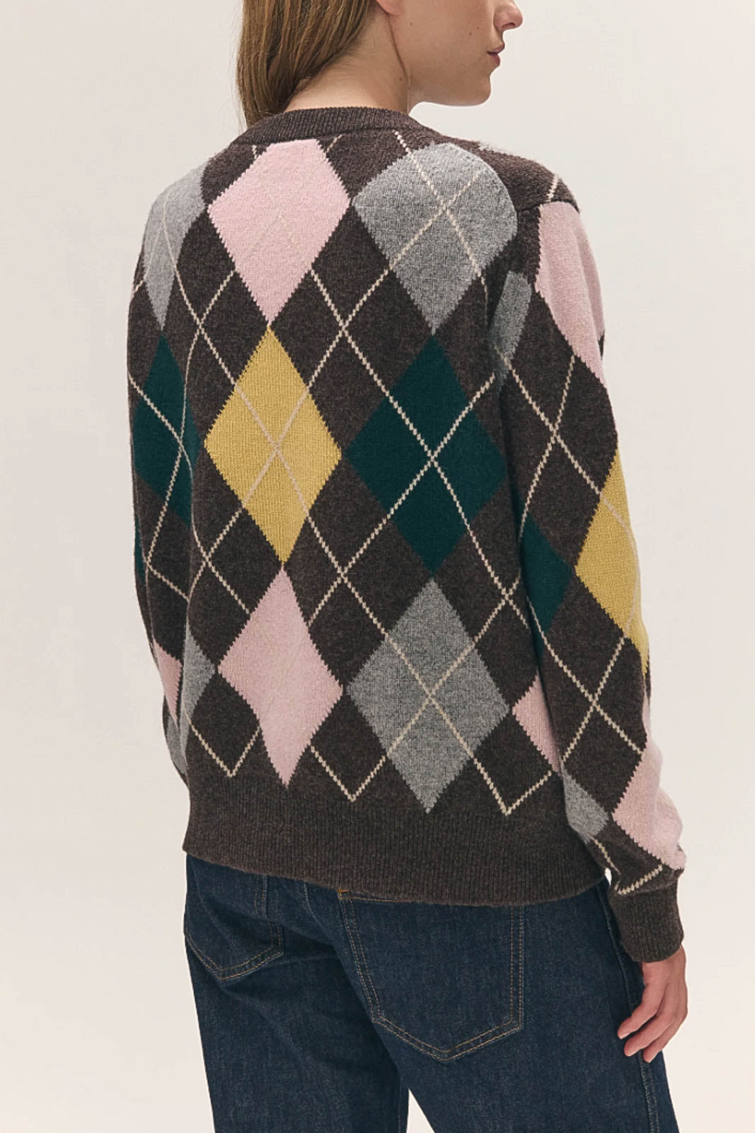 &Daughter, Pullover Ava Argyle Crewneck in Porcupine with Pink & Cowslip