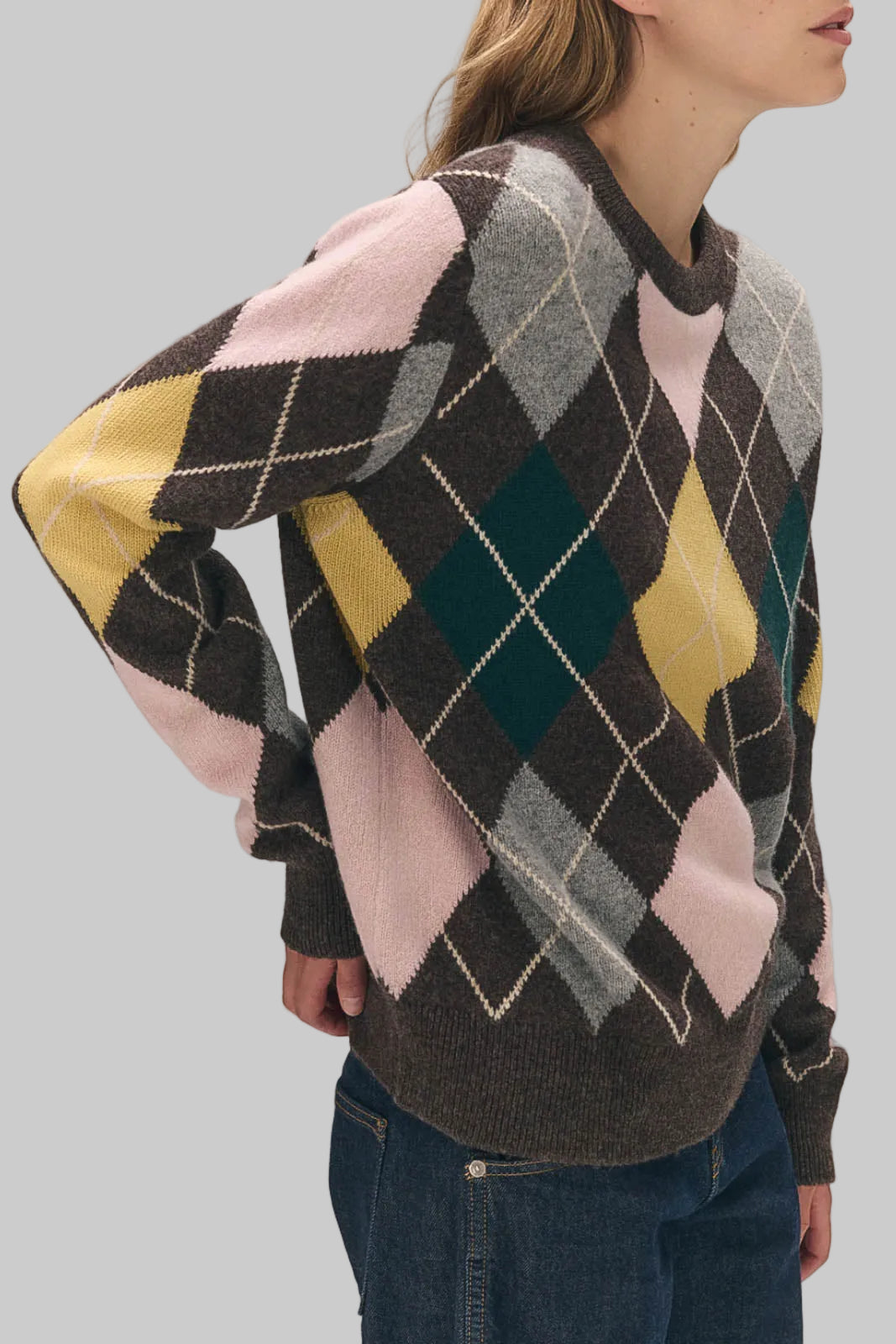 &Daughter, Pullover Ava Argyle Crewneck in Porcupine with Pink & Cowslip