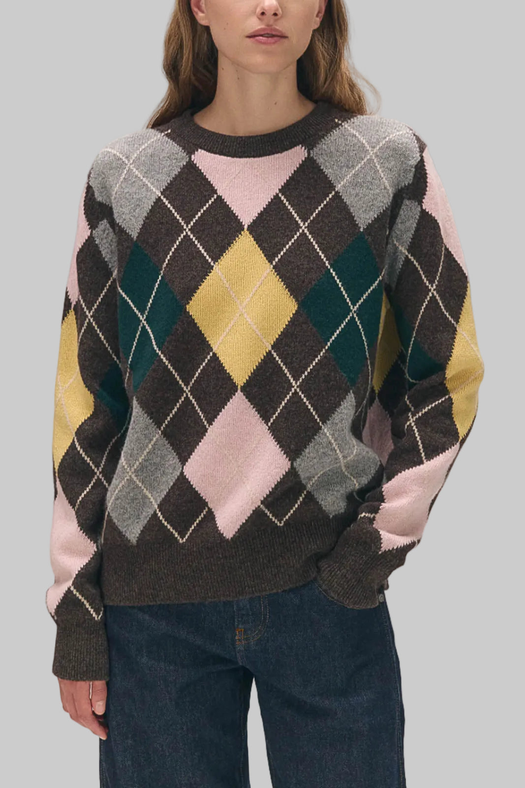 &Daughter, Pullover Ava Argyle Crewneck in Porcupine with Pink & Cowslip