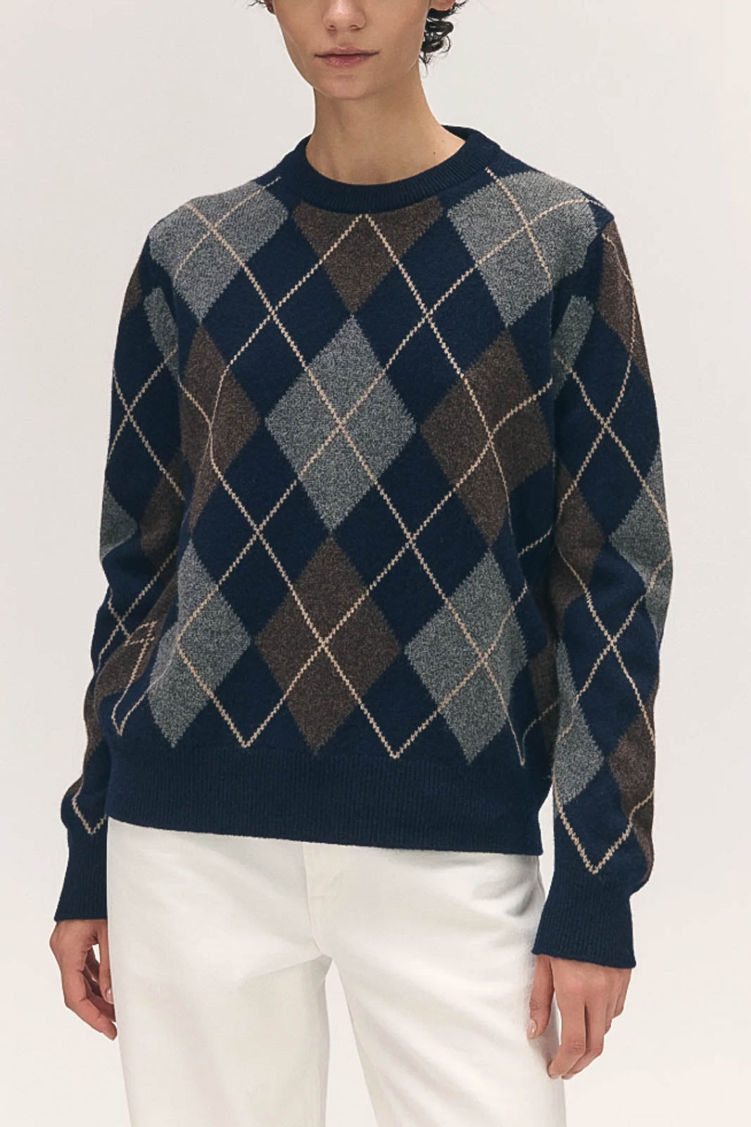 &Daughter, Pullover Ava Argyle Crewneck in Navy with Brown