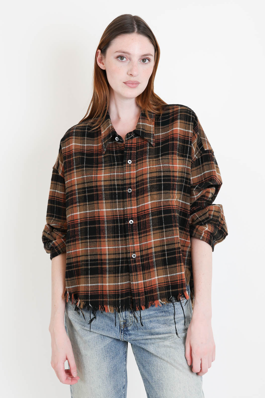 R13, Bluse Drop Neck Cropped in Light Brown/Black Plaid
