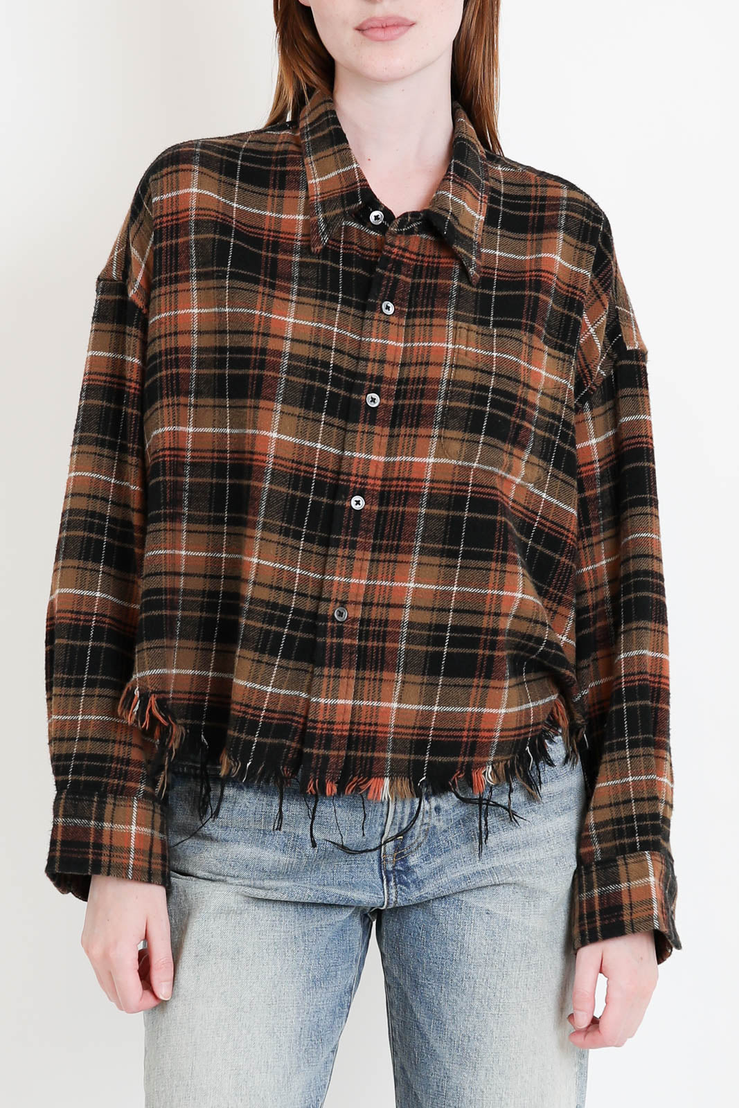 R13, Bluse Drop Neck Cropped in Light Brown/Black Plaid
