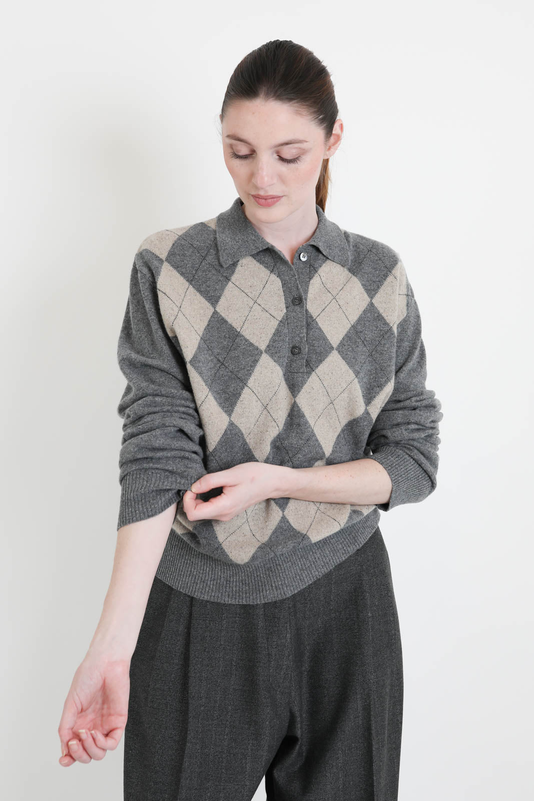 Rohe, Pullover Argyle Mouliné in Grey/Oat Check