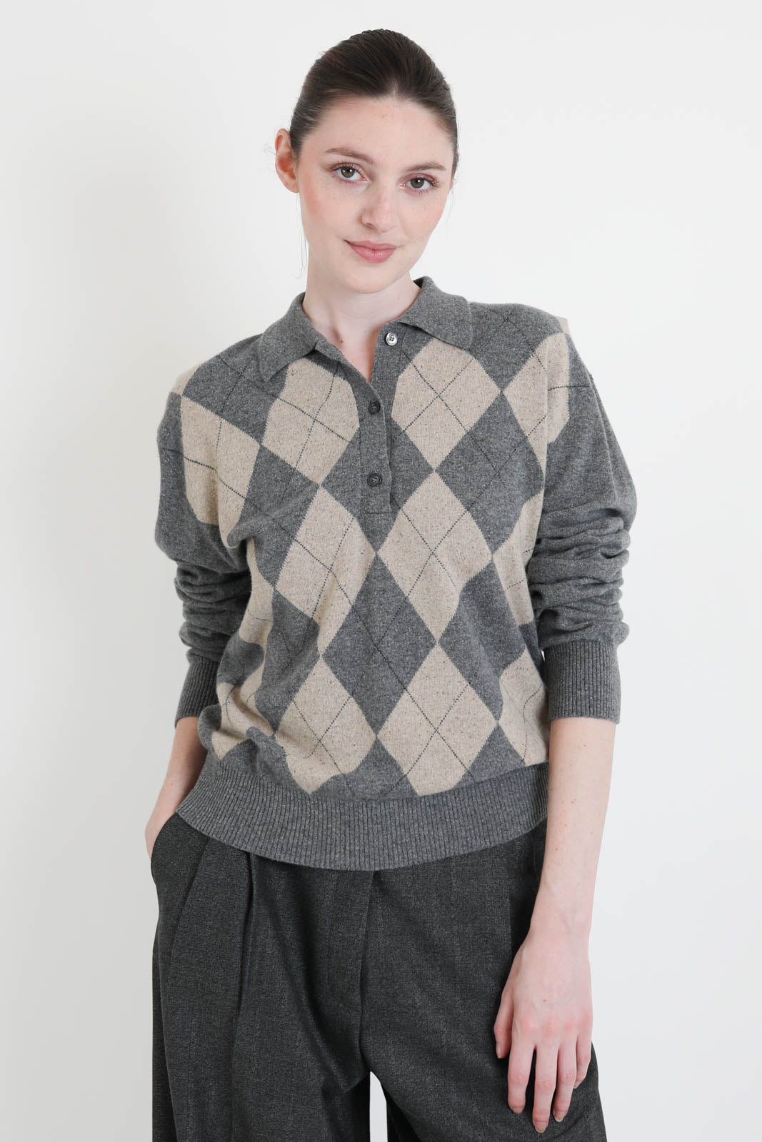 Rohe, Pullover Argyle Mouliné in Grey/Oat Check