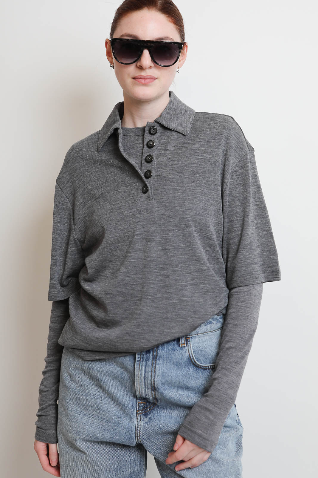 Raw, T-shirt Merino Polo in Mid Grey Melange