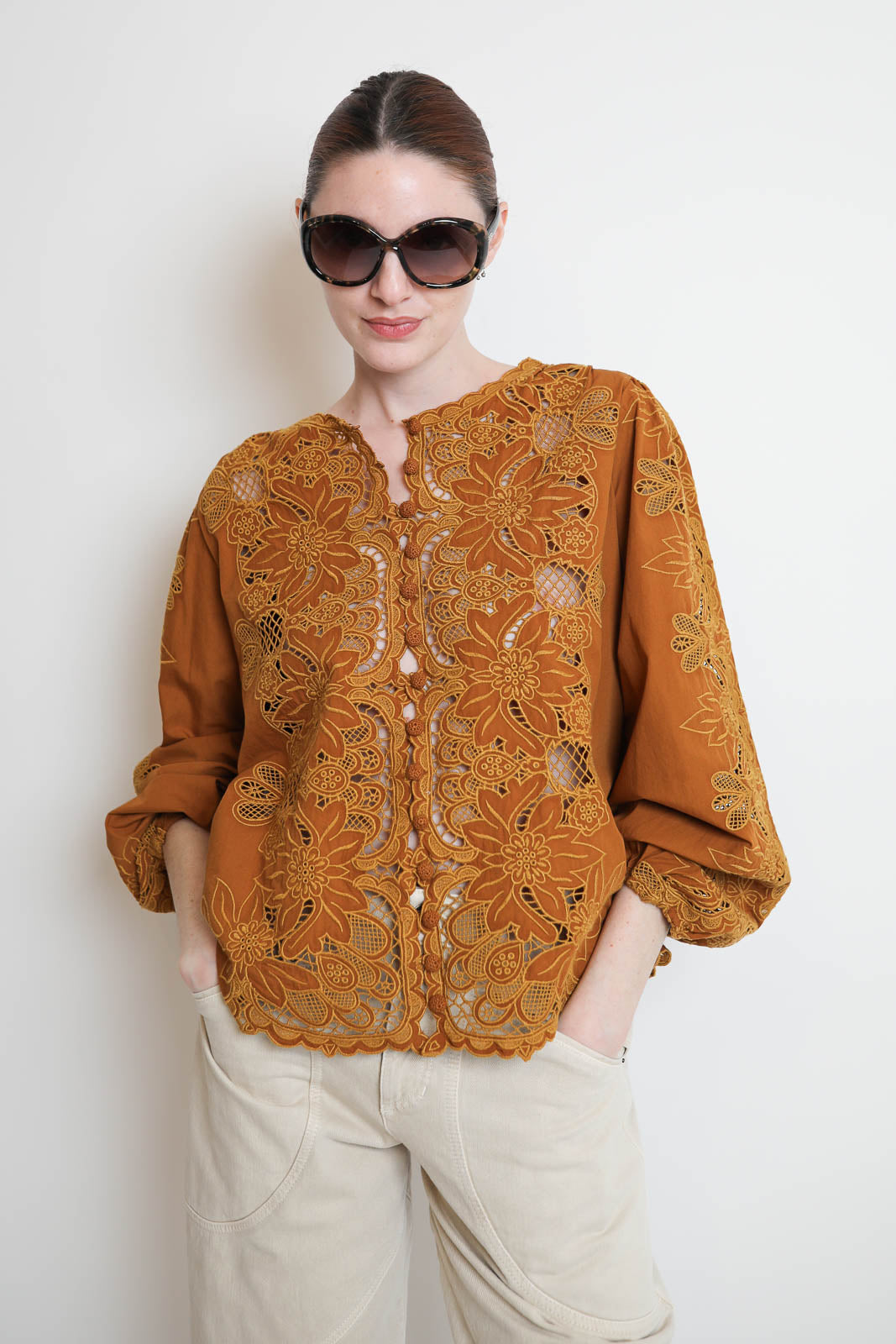Farm Rio, Camel Richilieu blouse in brown