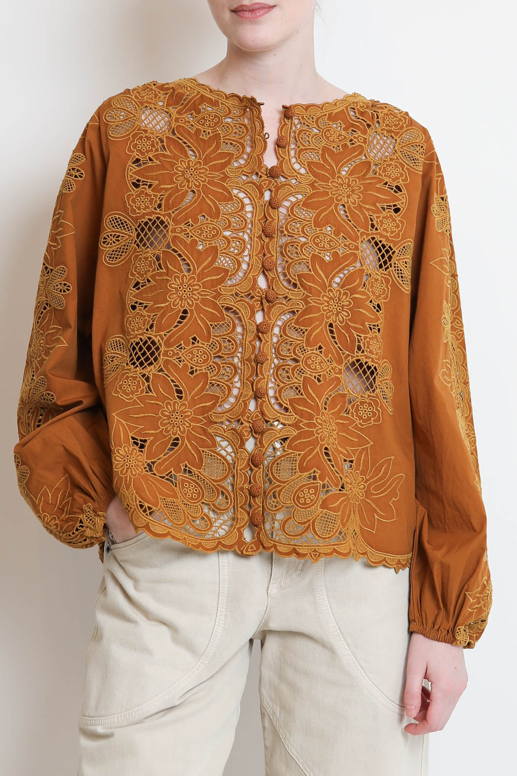 Farm Rio, Camel Richilieu blouse in brown