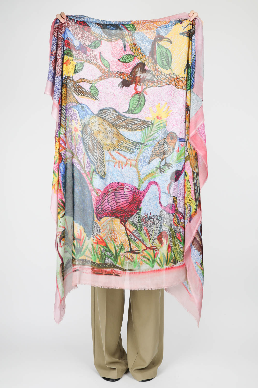 Conference of Birds scarf in pink multi