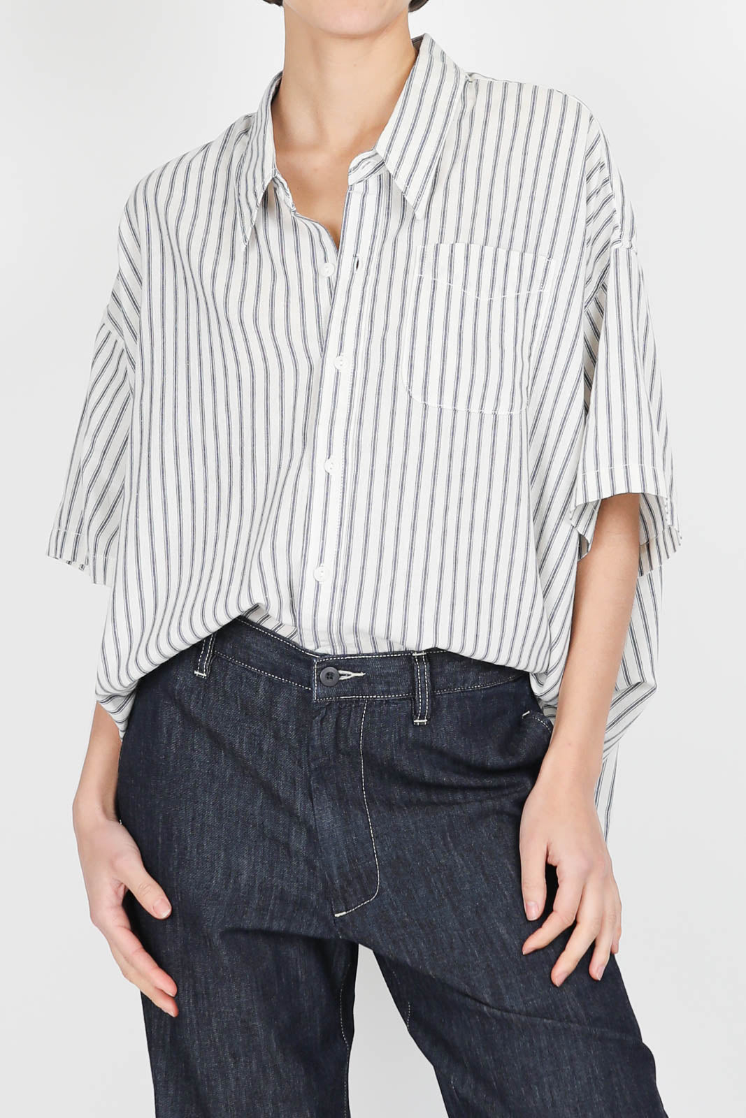 Blouse with short sleeves in Blue Ticking Stripe