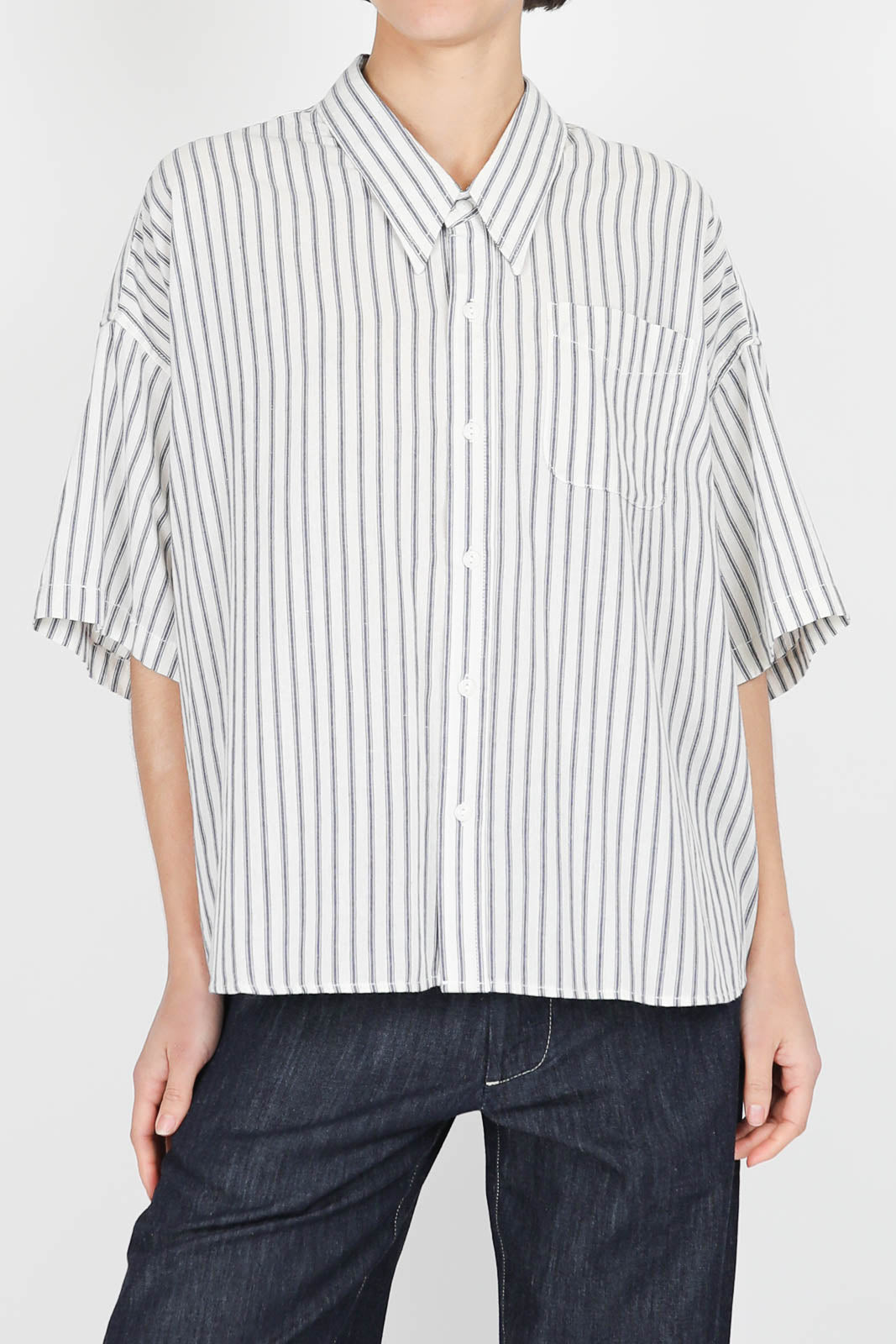 Blouse with short sleeves in Blue Ticking Stripe