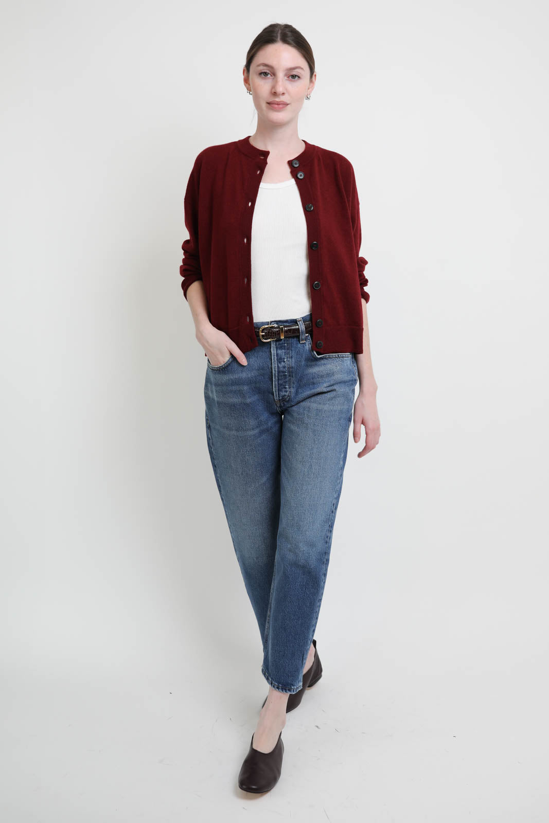 Pomandère, wool cardigan in Wine Red