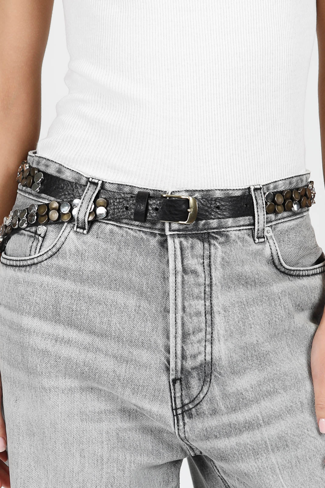 Studded leather belt in black