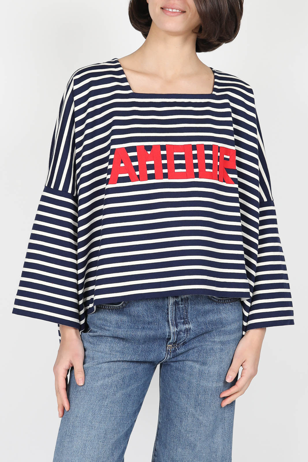 Pullover Marinière Amour en marine-blanc