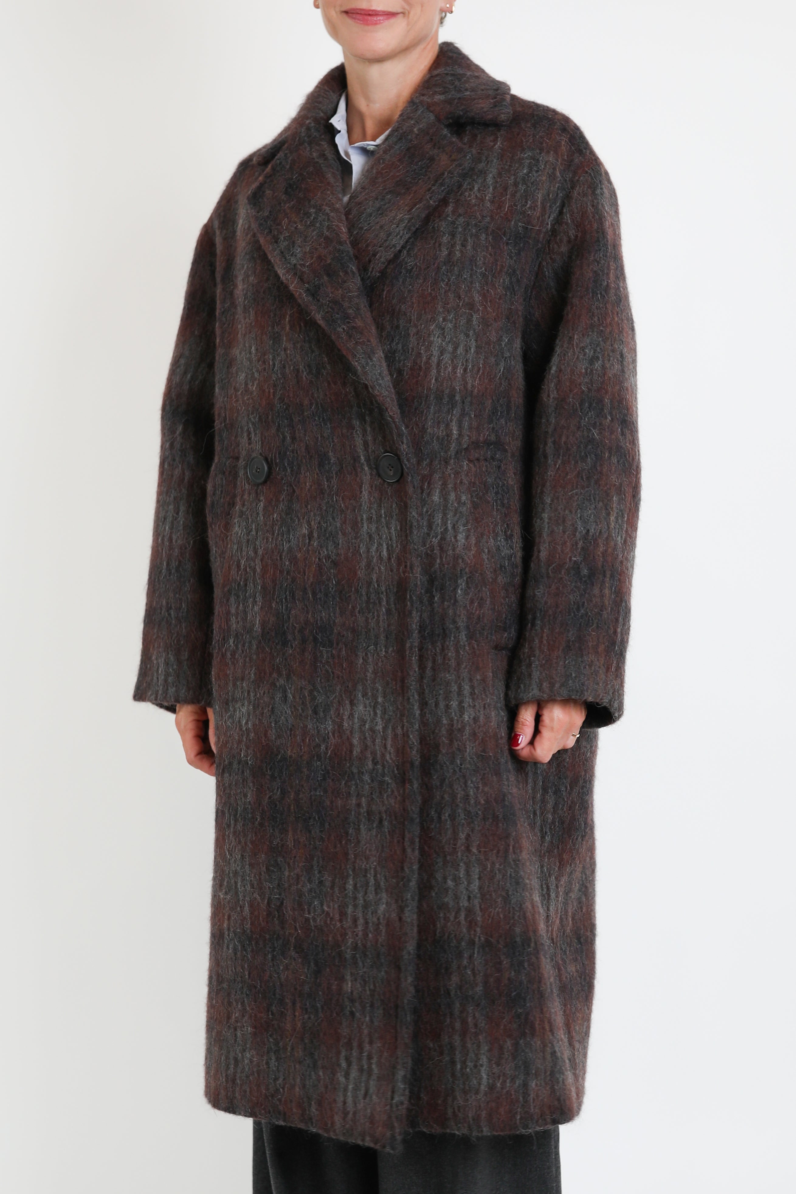 Zenggi, Mantel Wool Check Cocoon in Warm Brown Check