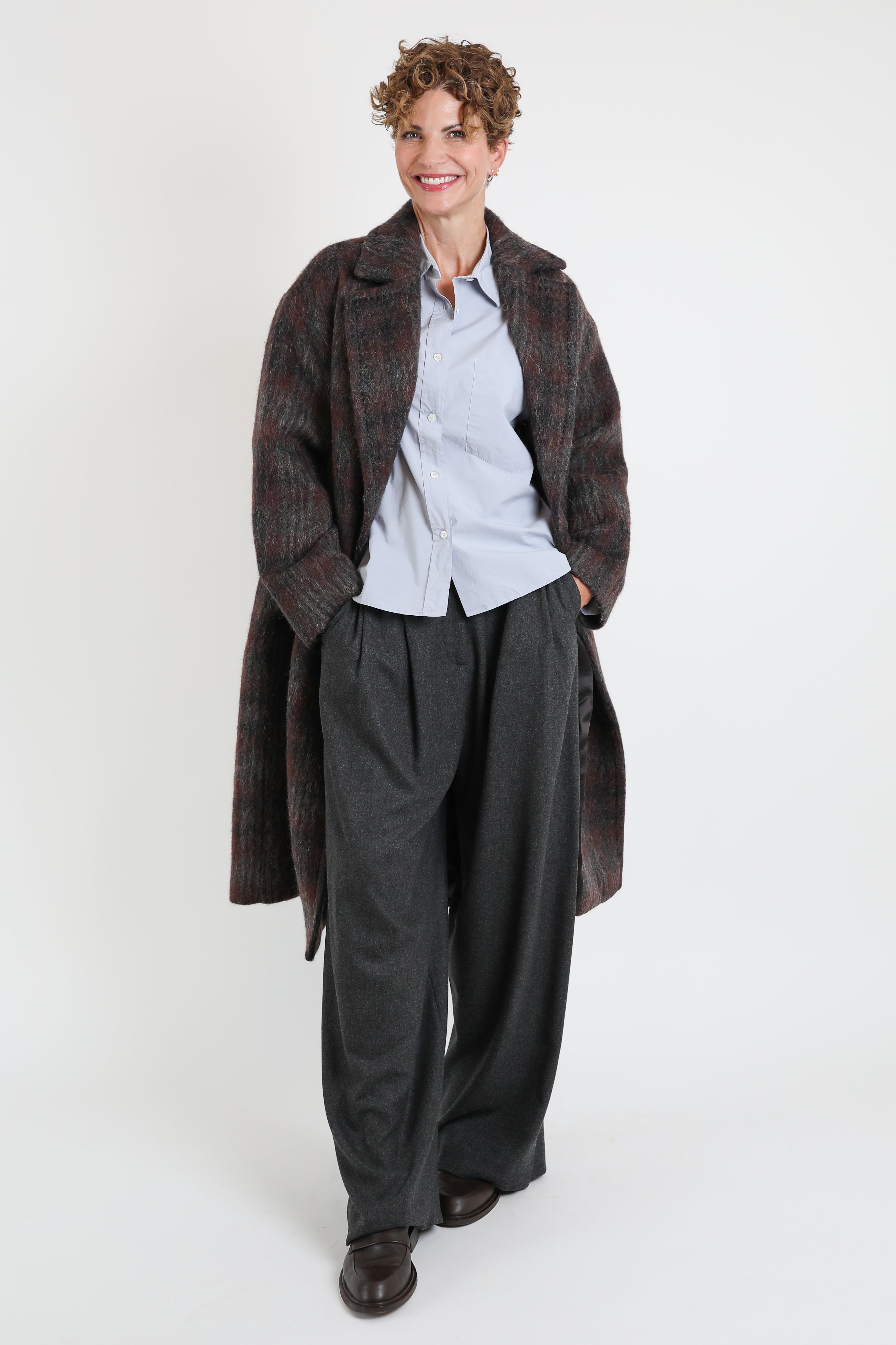 Zenggi, Mantel Wool Check Cocoon in Warm Brown Check