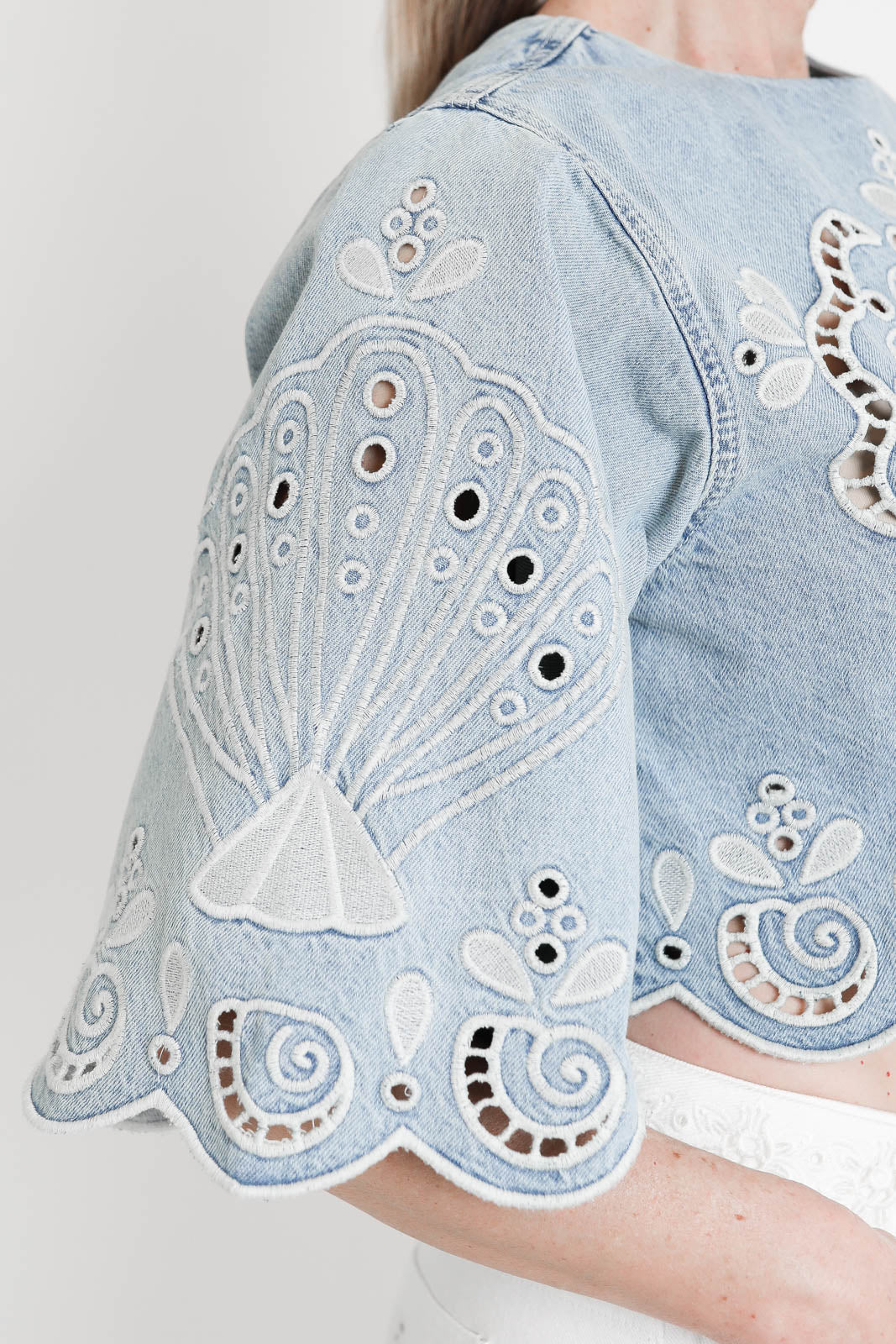 Farm Rio, Richelieux Cropped Denim Blouse