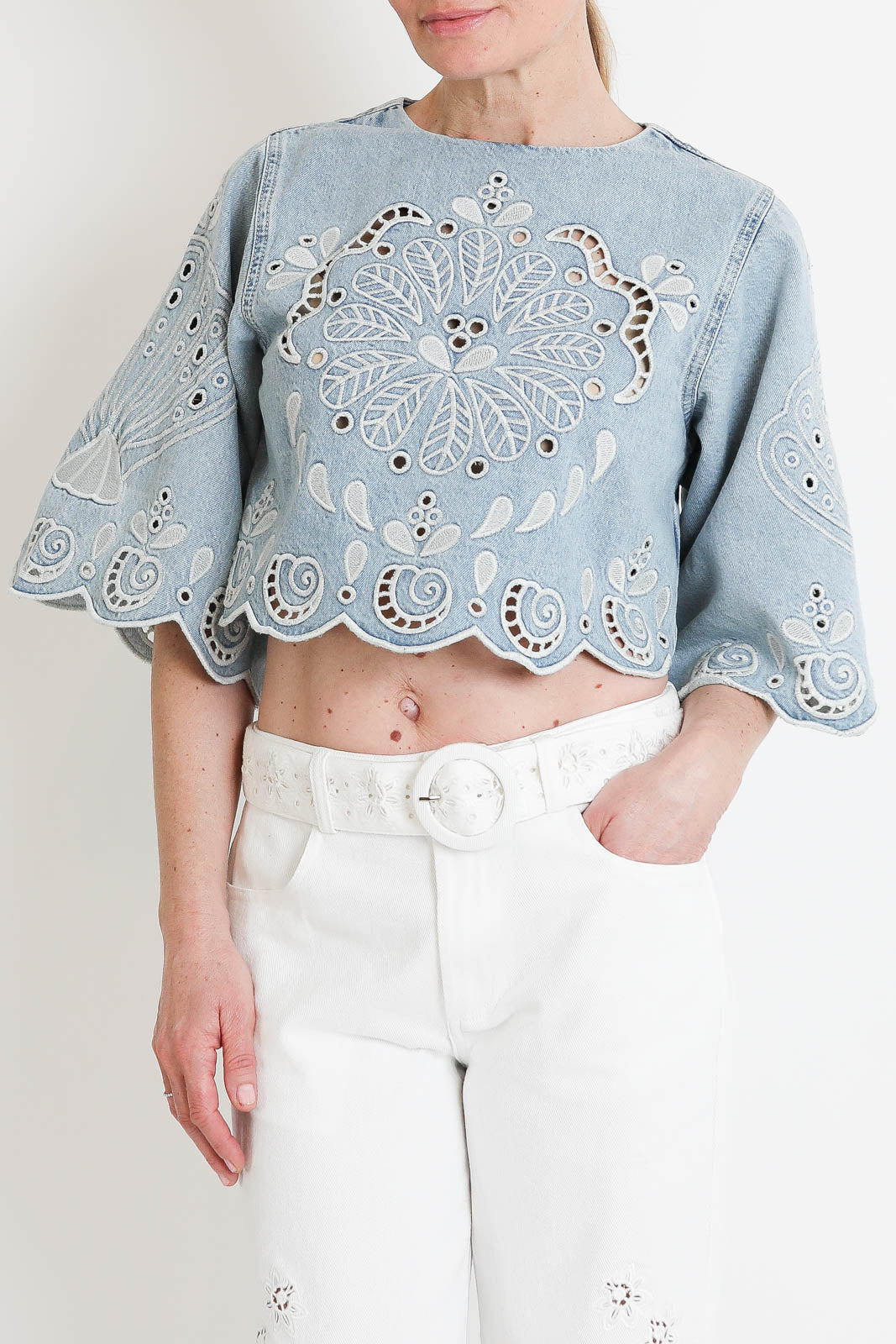 Farm Rio, Richelieux Cropped Denim Blouse