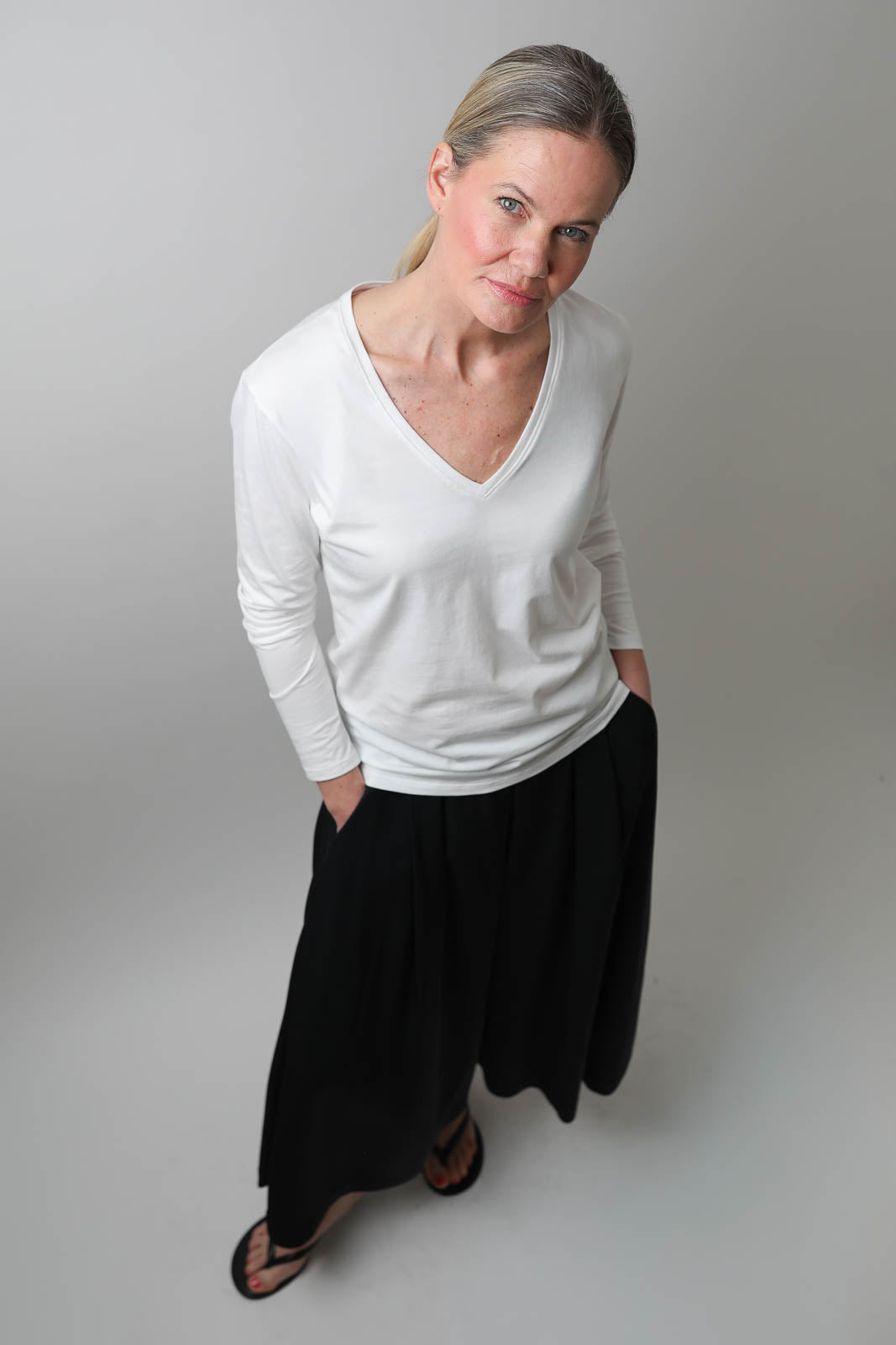 Vestibule Garderobe, Langarm-Shirt V-Neck in Weiss