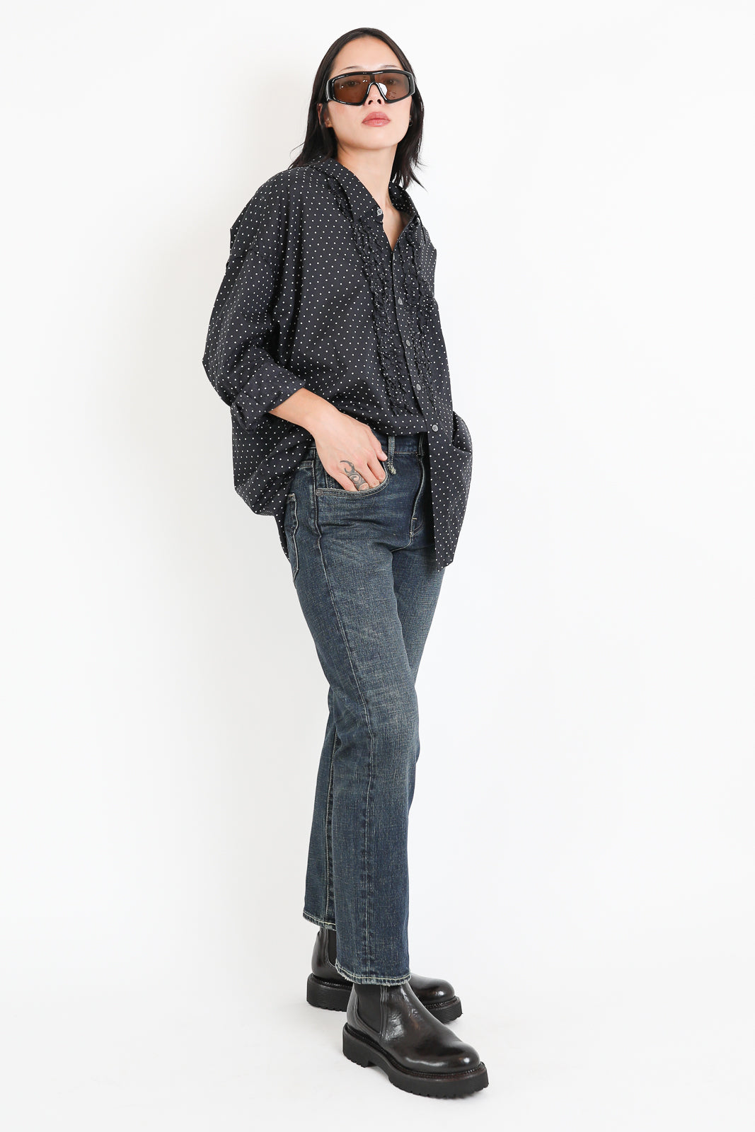 R13, Bluse Shredded Seam in Black and White Polka Dots