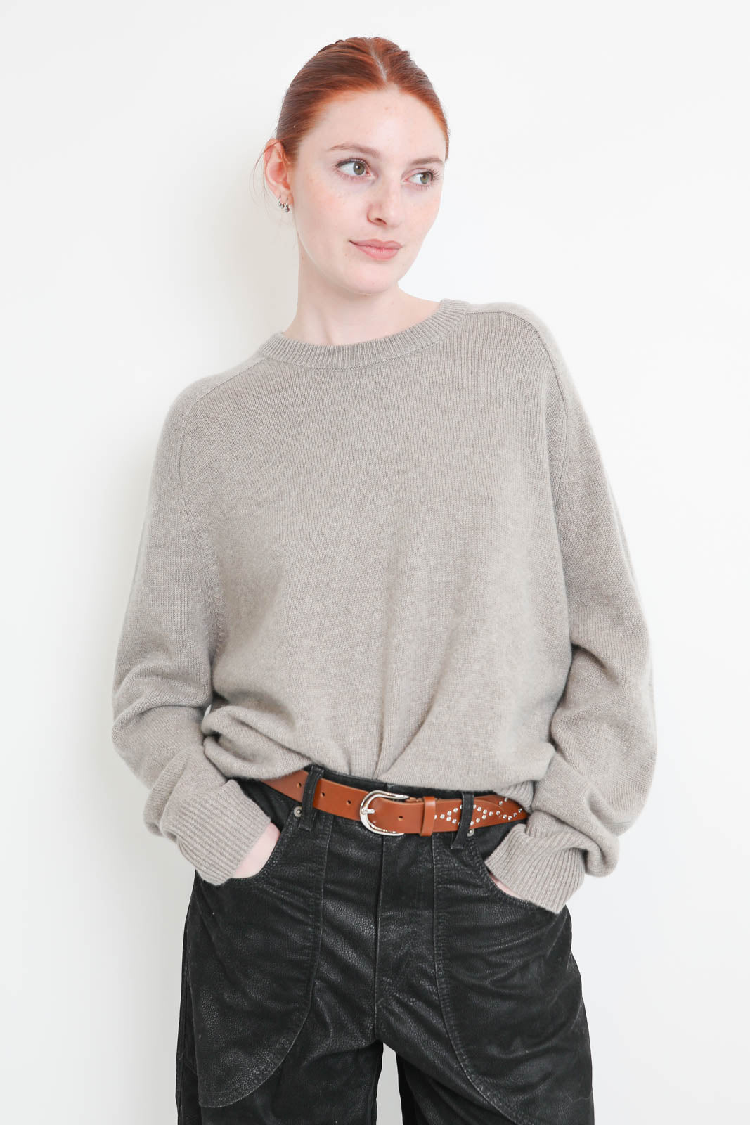 Soft Goat Pullover Boyfriend Crewneck in Greige