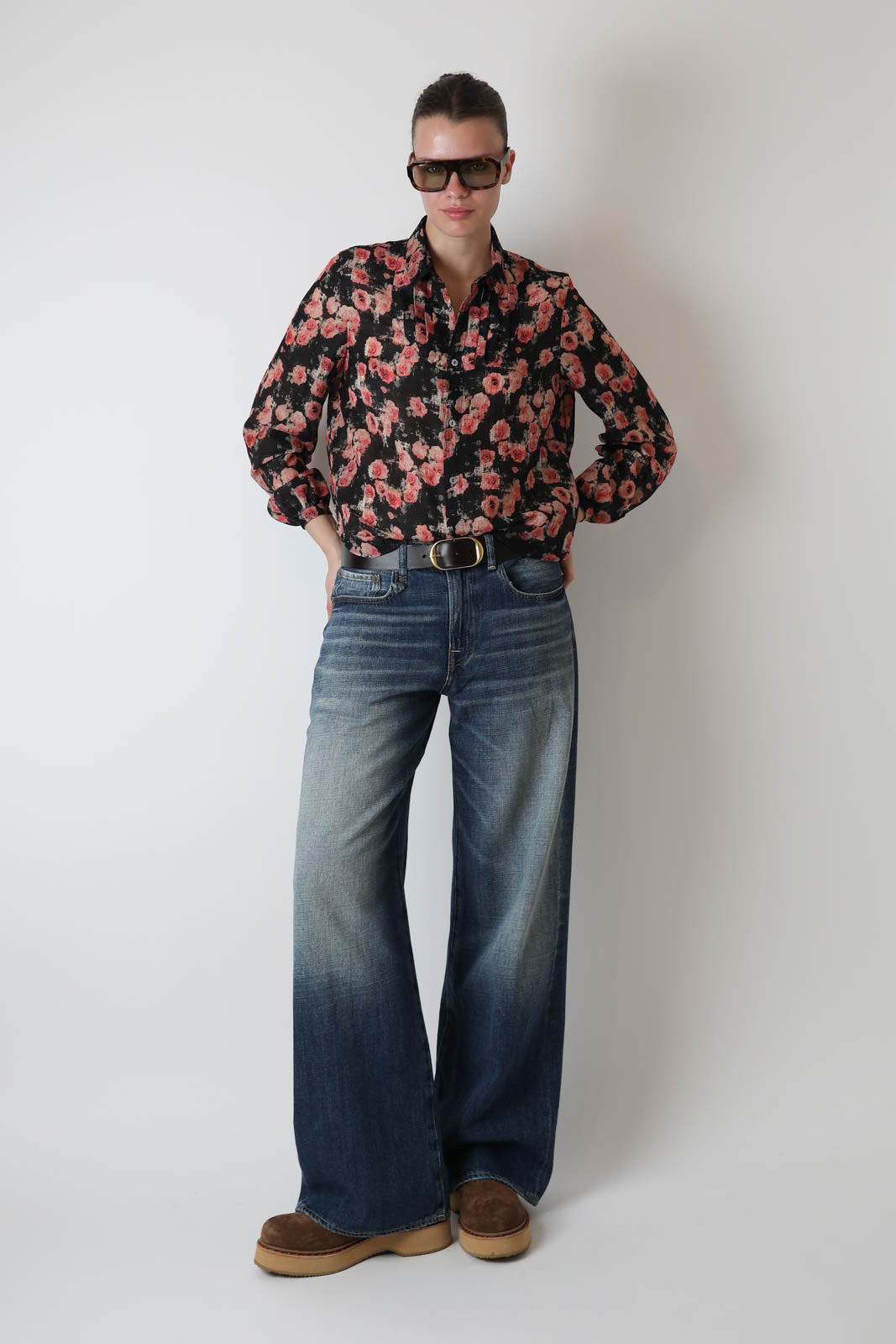 R13, Pleated Tuxedo Blouse in Roses Black