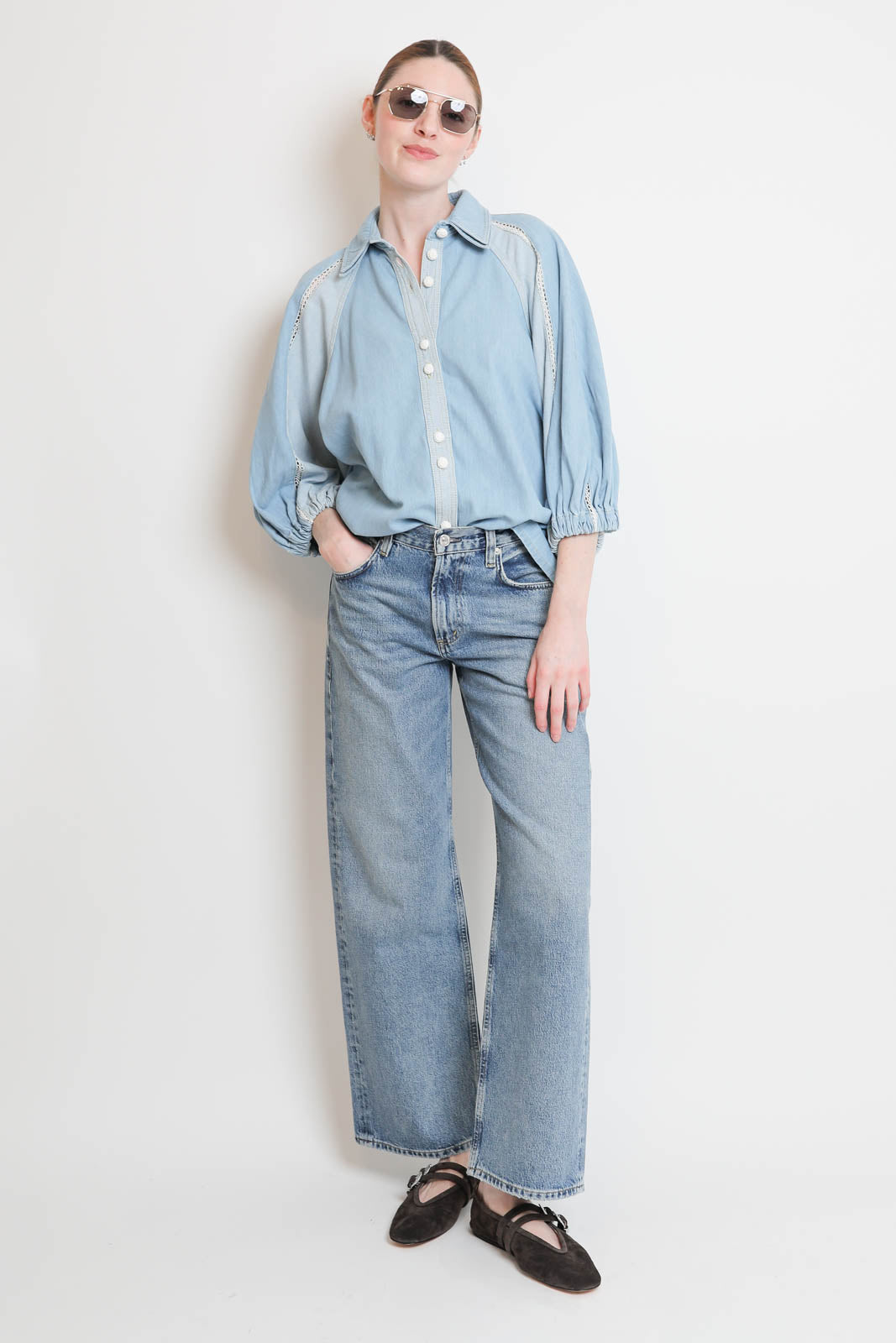 Farm Rio, Bluse Bicolor in Denim